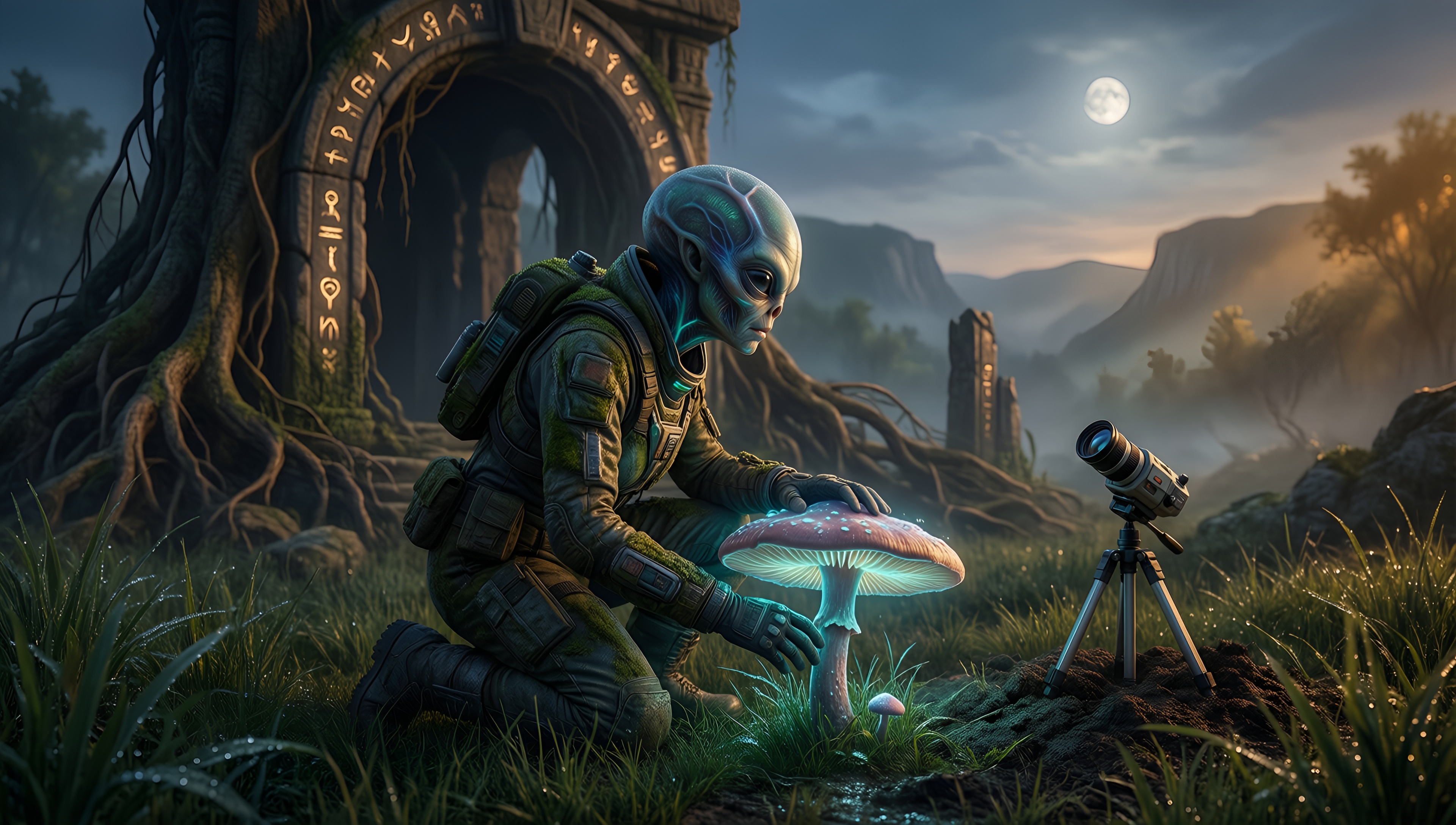 Alien Explorer in a Mystical Forest - AI generated wallpaper