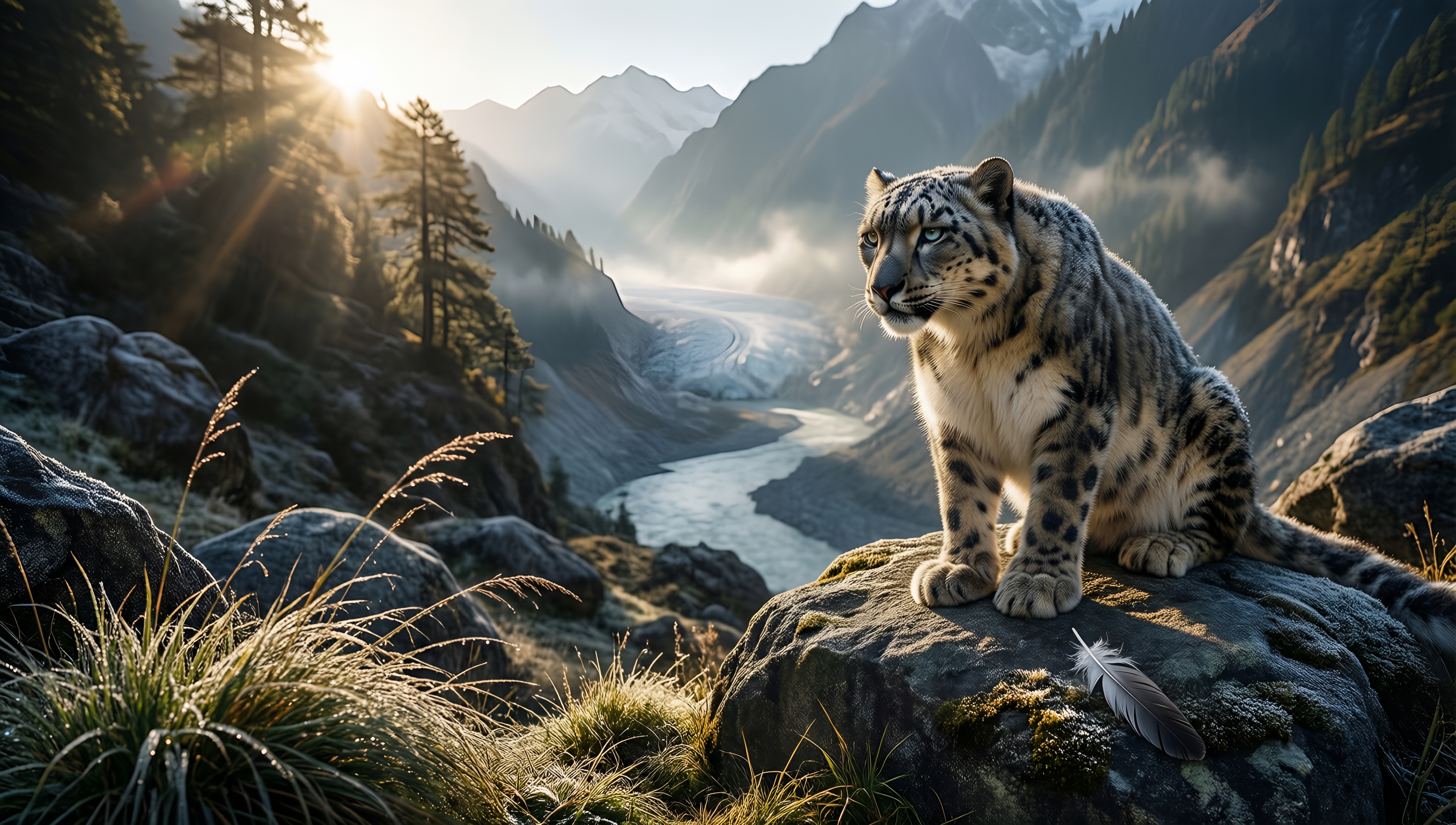 Snow Leopard in Mountain Landscape - AI generated wallpaper