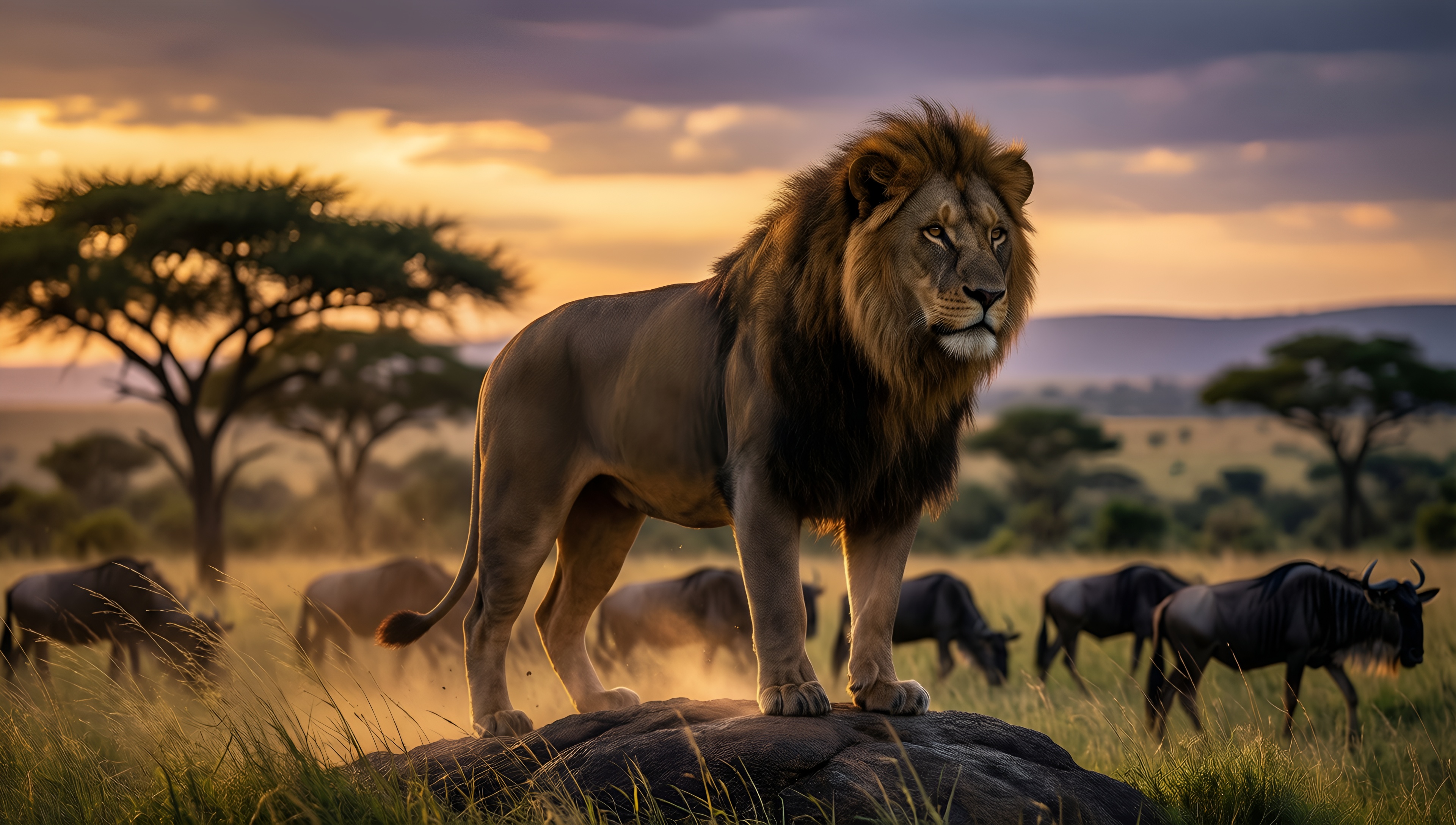 Lion at Sunset in the Wild - AI generated wallpaper
