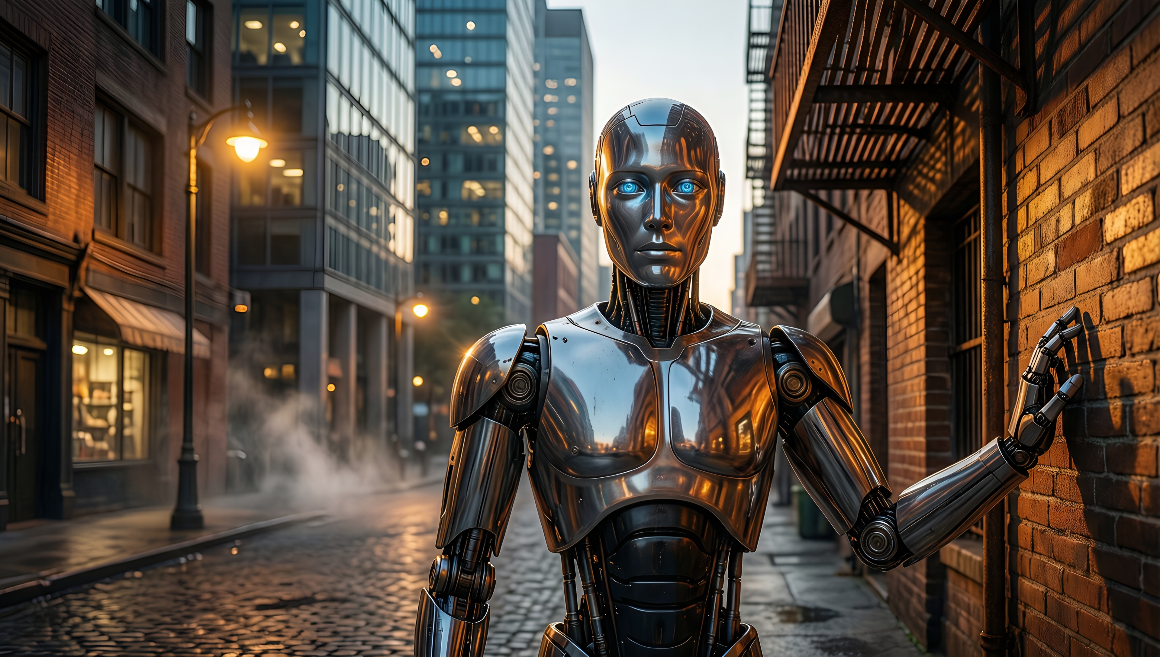 Cyberpunk Robot In Urban Alley 1 - AI generated wallpaper