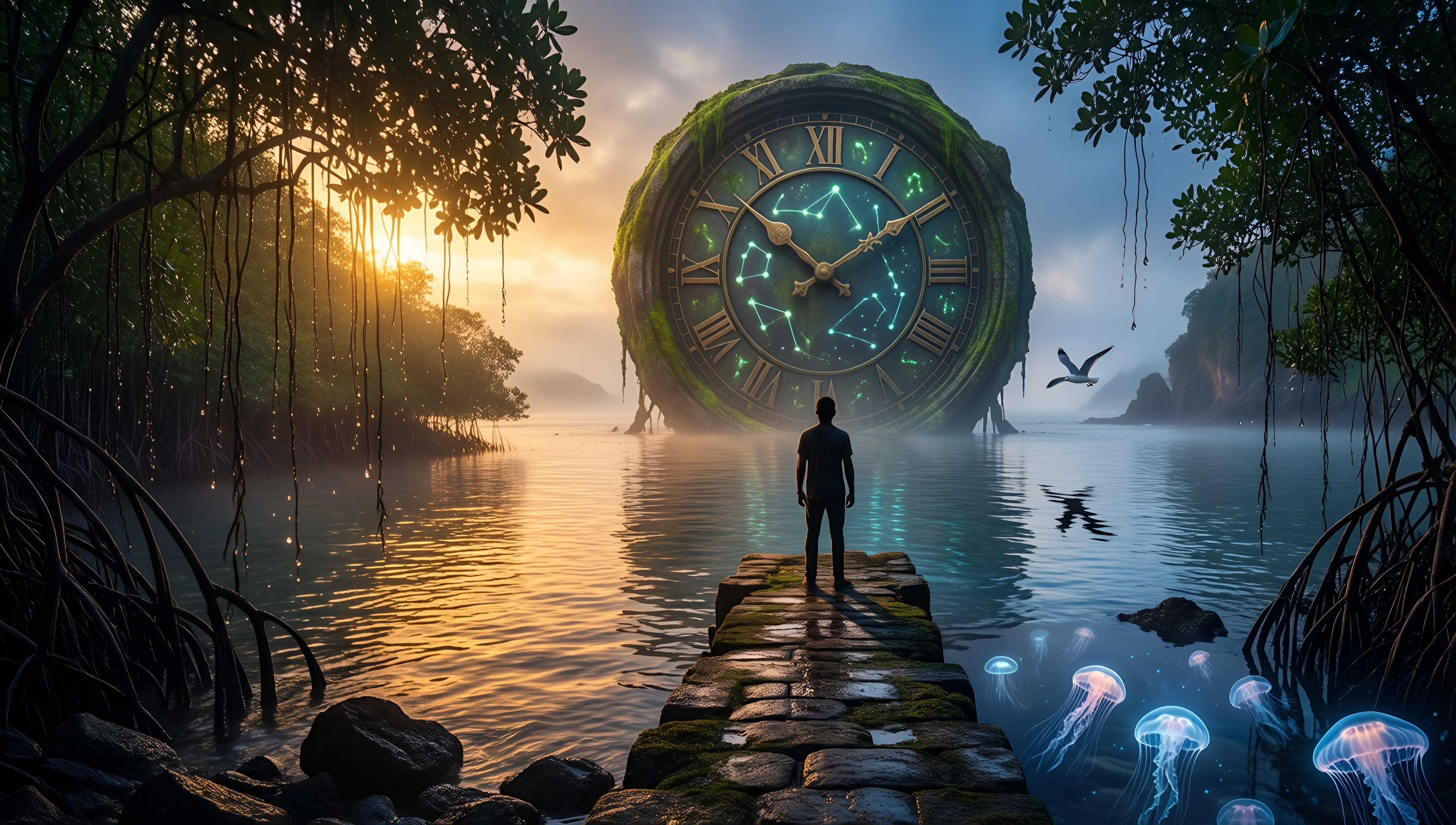 Mystic Clock in the Enchanted Forest - AI generated wallpaper