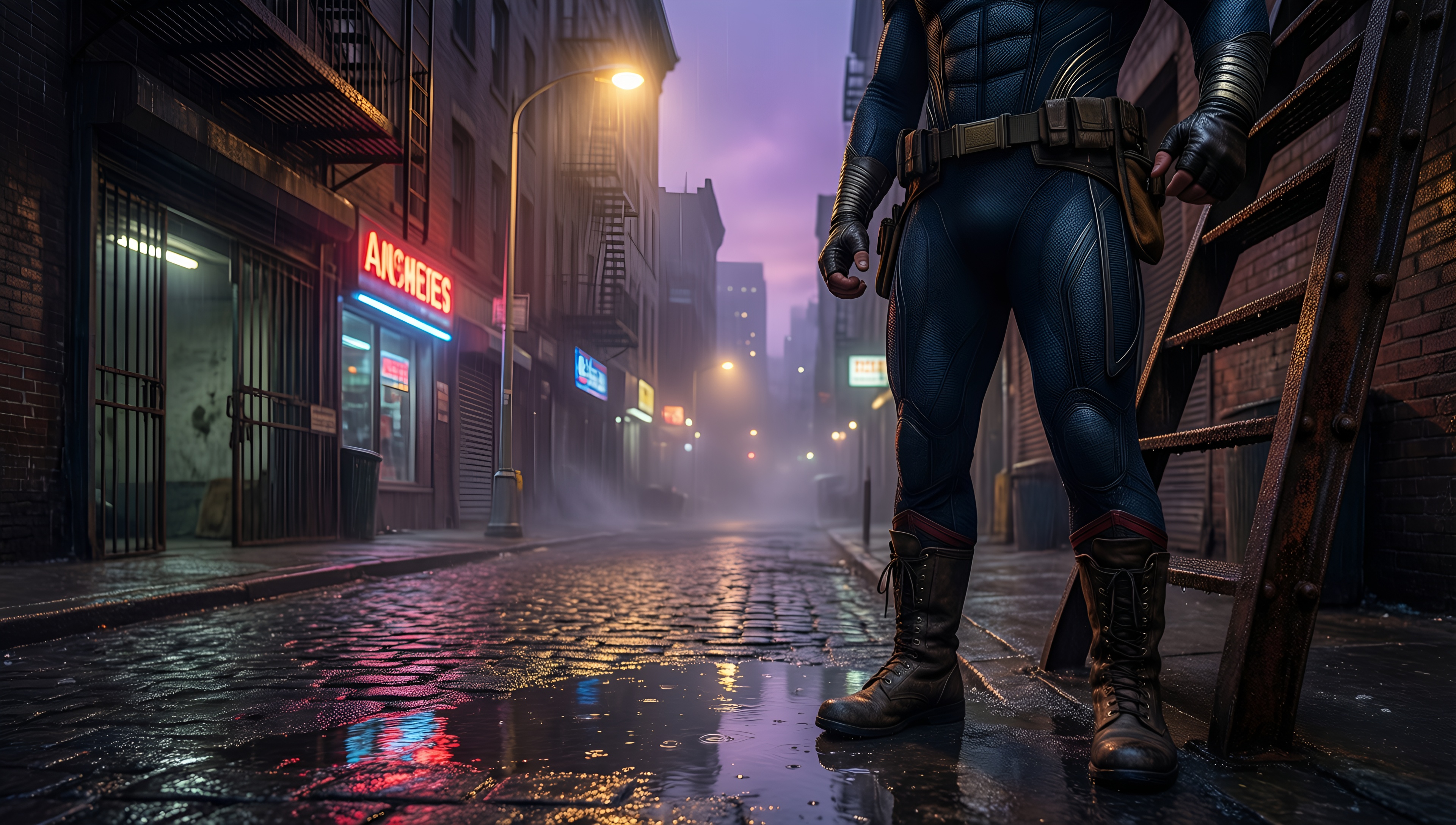 Cyberpunk Cityscape with Superhero - AI generated wallpaper