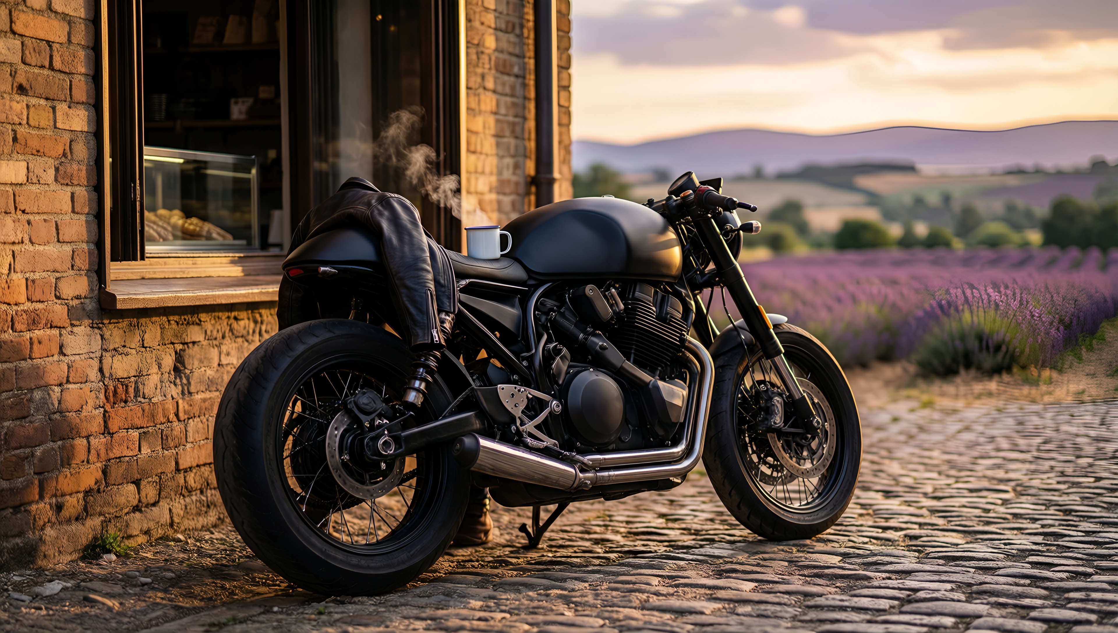 Motorcycle in Lavender Field - AI generated wallpaper