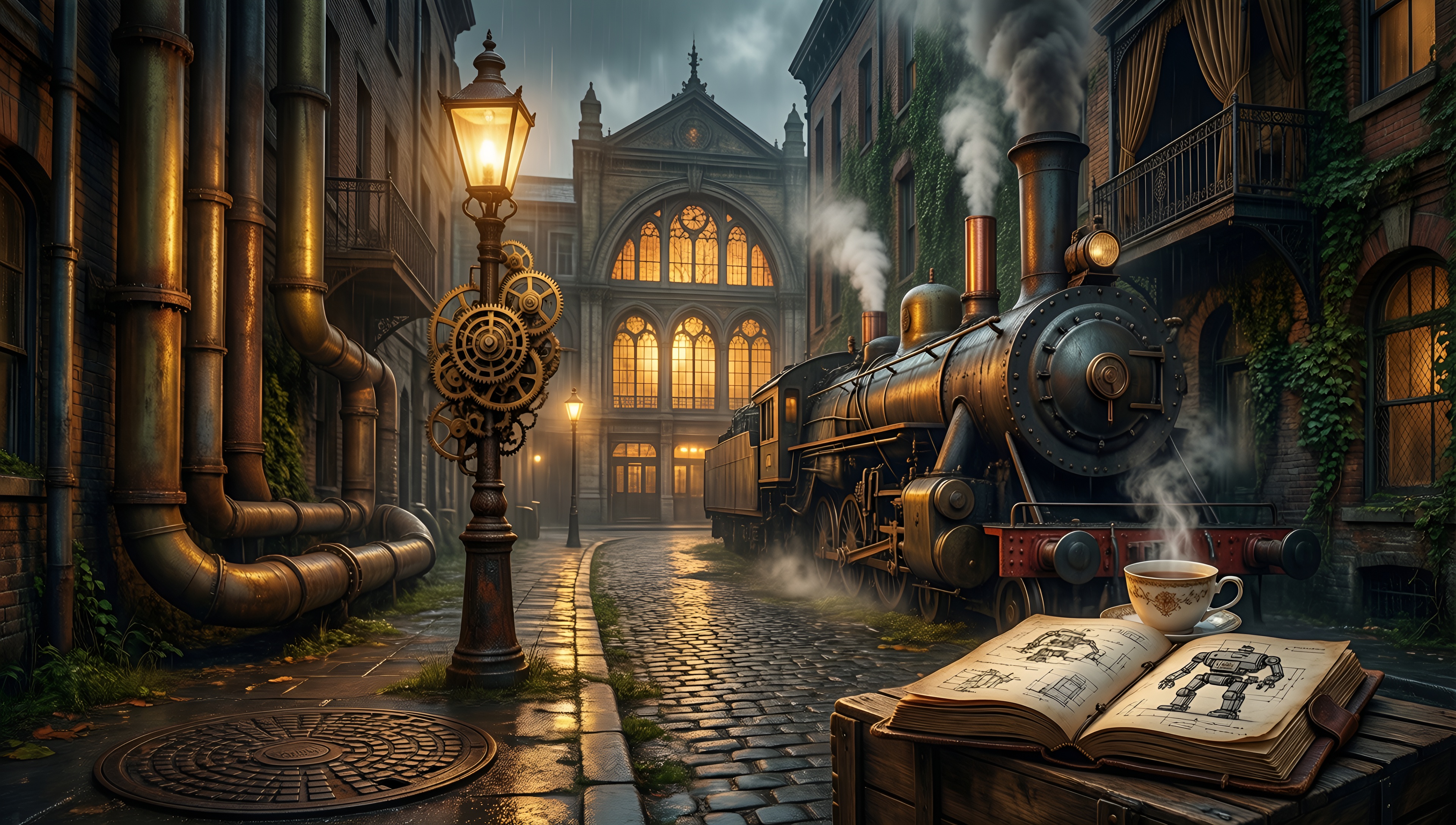 Steampunk Train Station - AI generated wallpaper