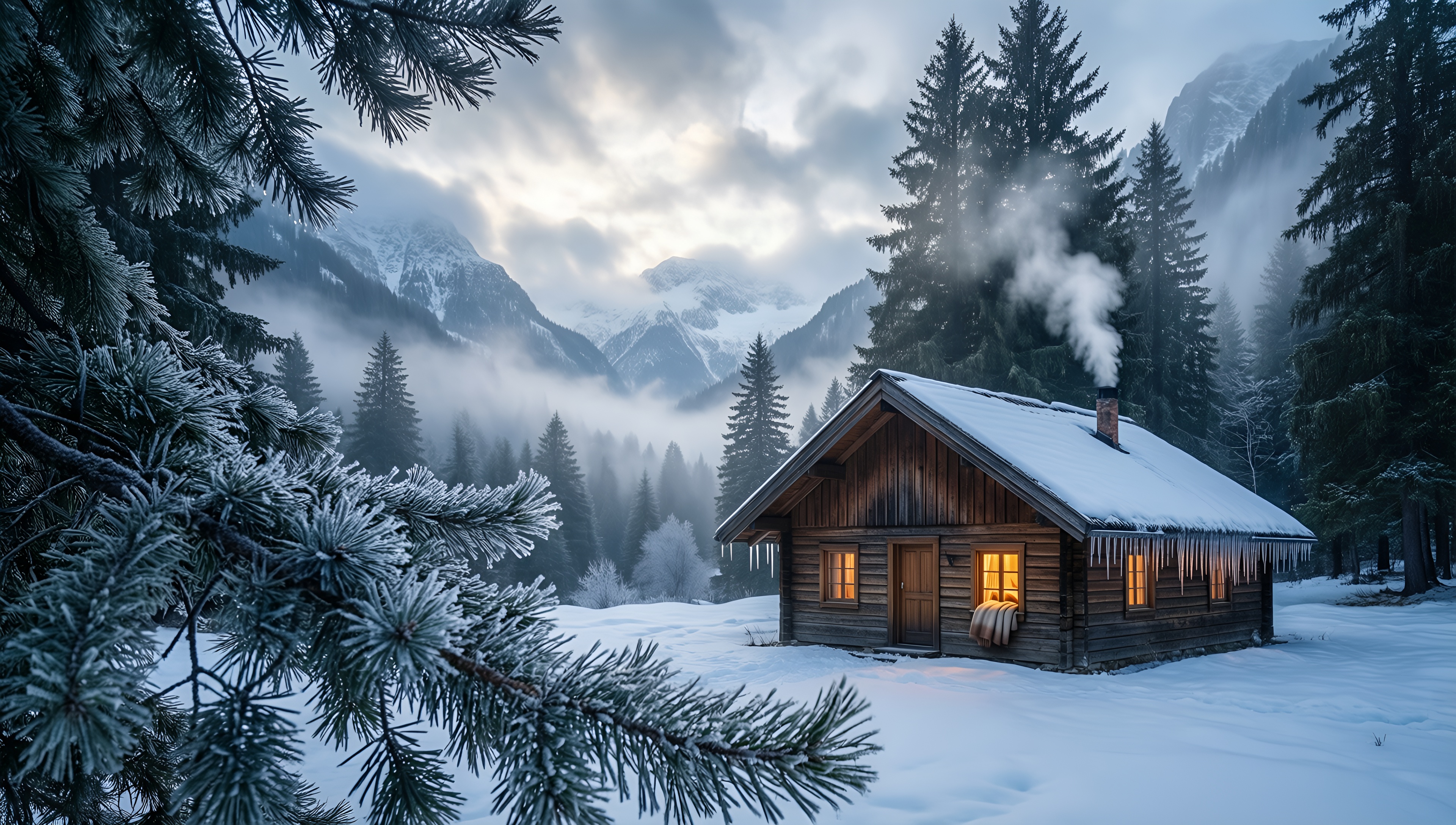 Cozy Winter Cabin in the Mountains - AI generated wallpaper