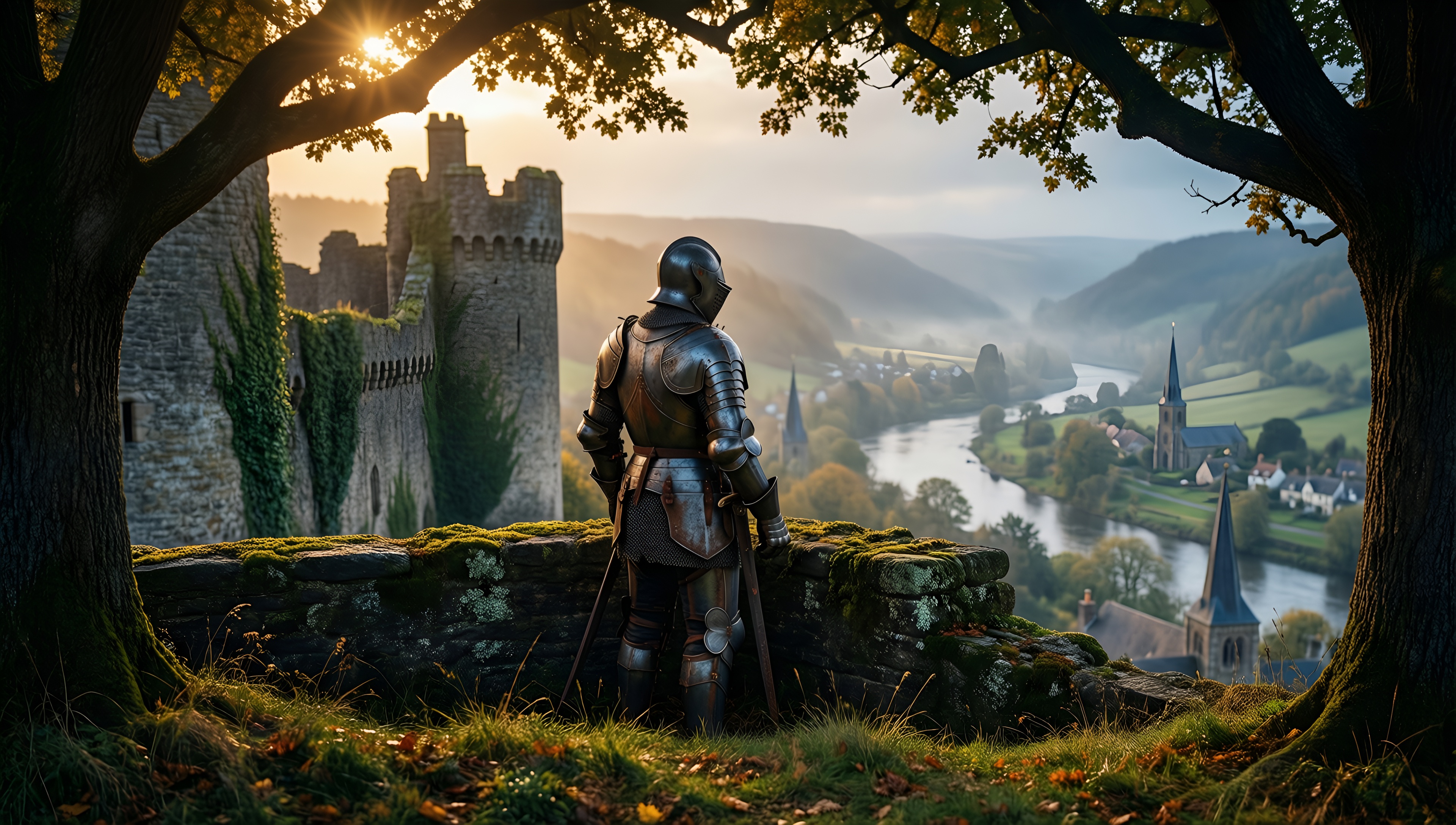 Knight's Dawn at the Castle Ruins - AI generated wallpaper