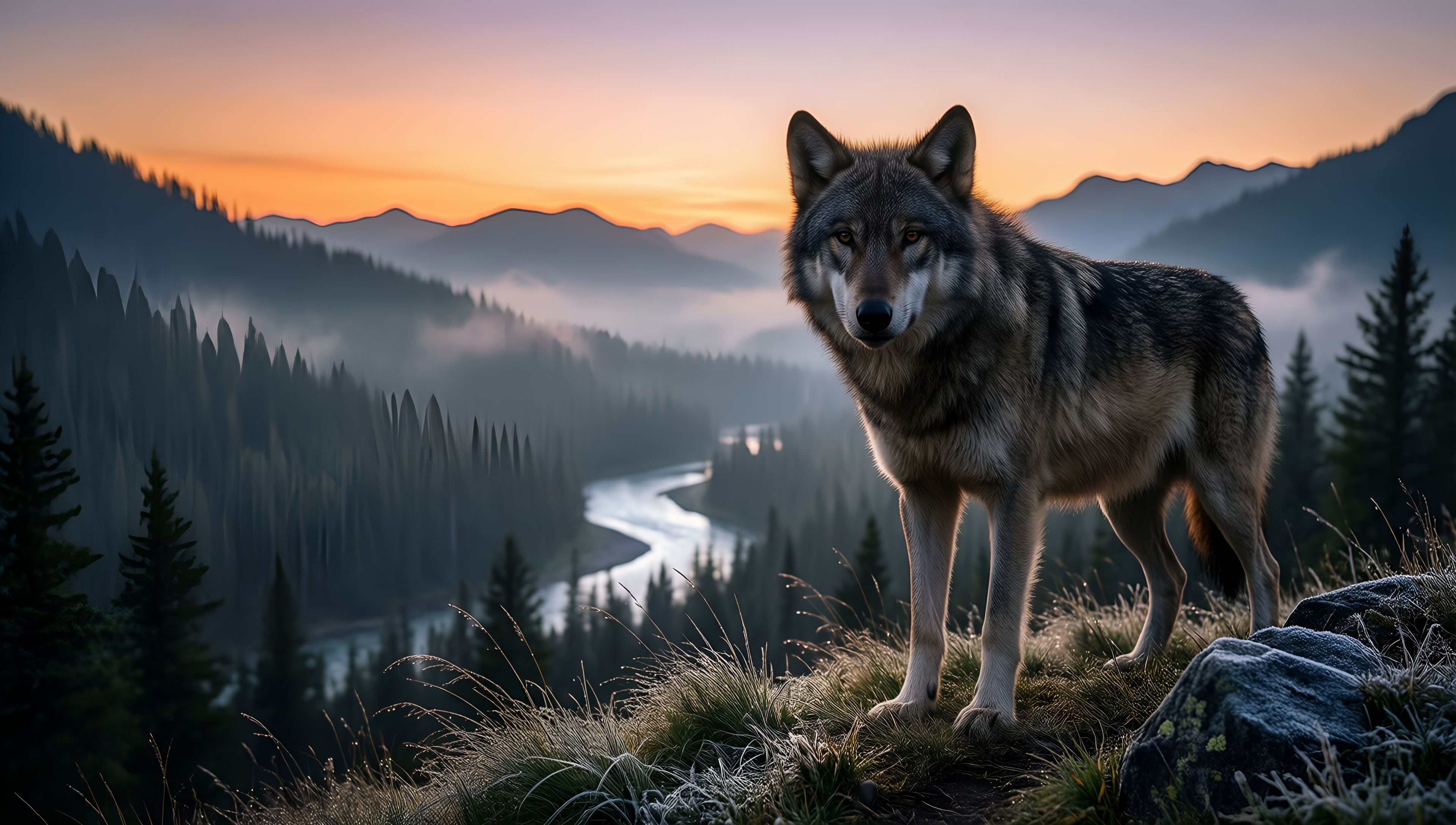 Wolf in the Wild Sunset - AI generated wallpaper