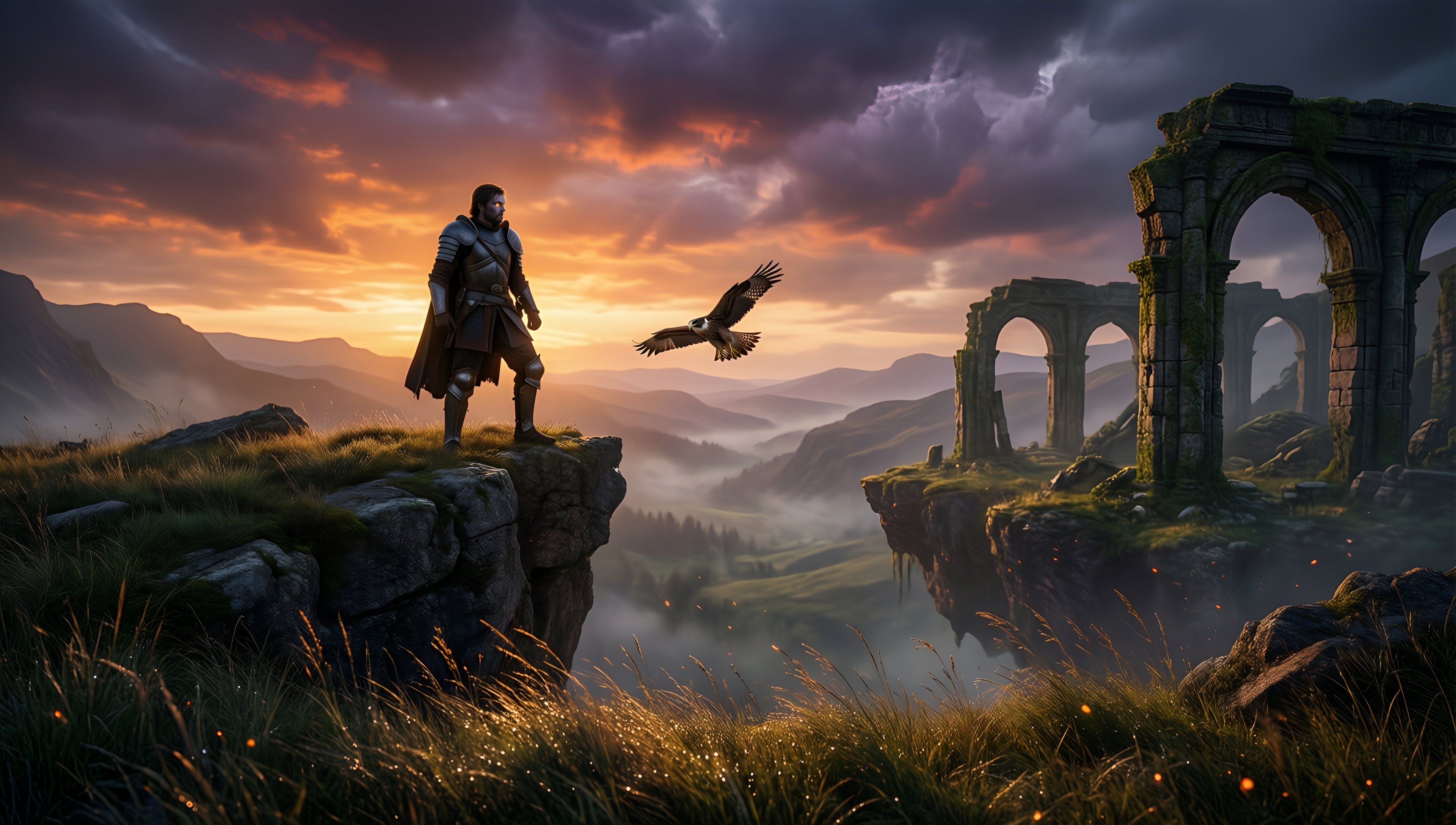 Majestic Fantasy Landscape with Knight and Falcon - AI generated wallpaper
