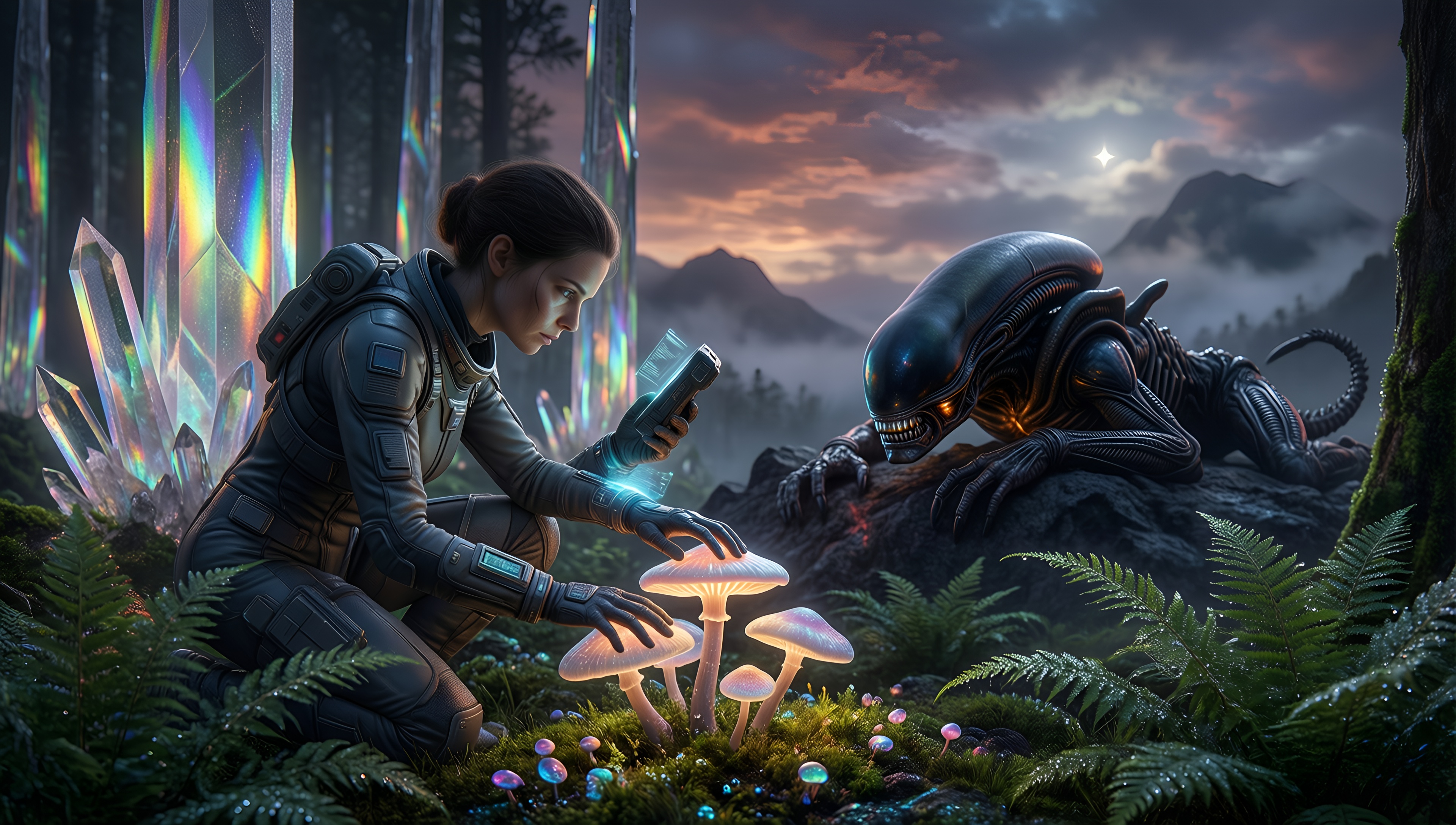 Alien Encounter in a Mystical Forest - AI generated wallpaper
