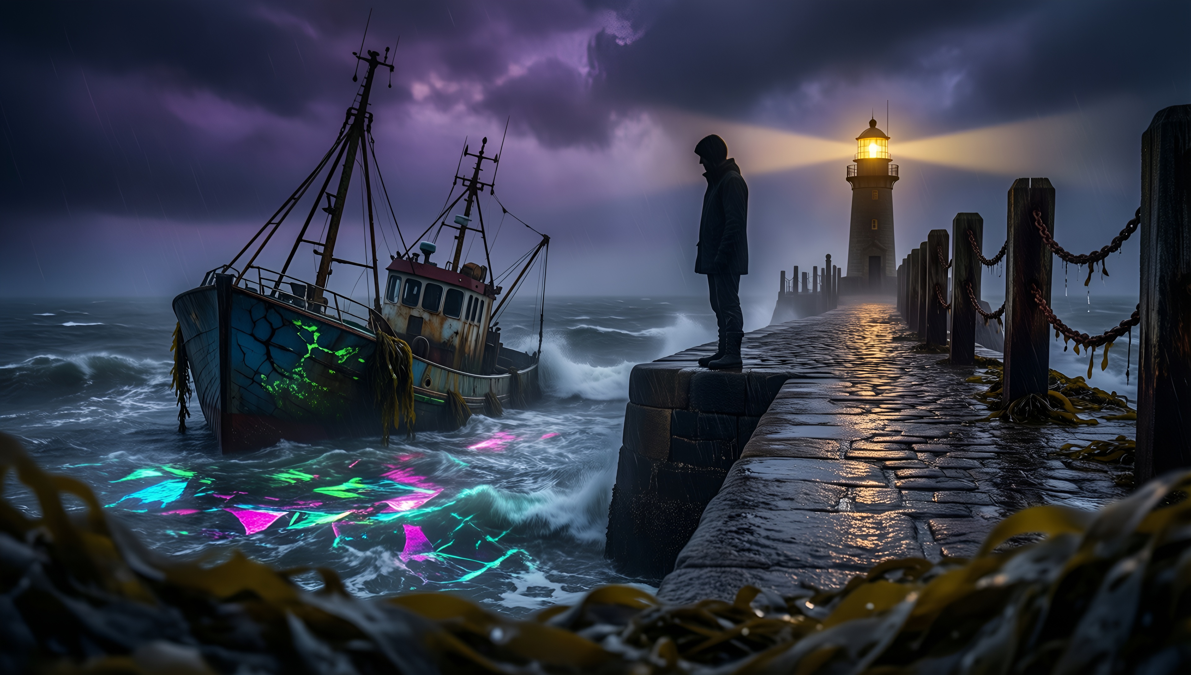 Mystic Lighthouse and Neon Sea - AI generated wallpaper