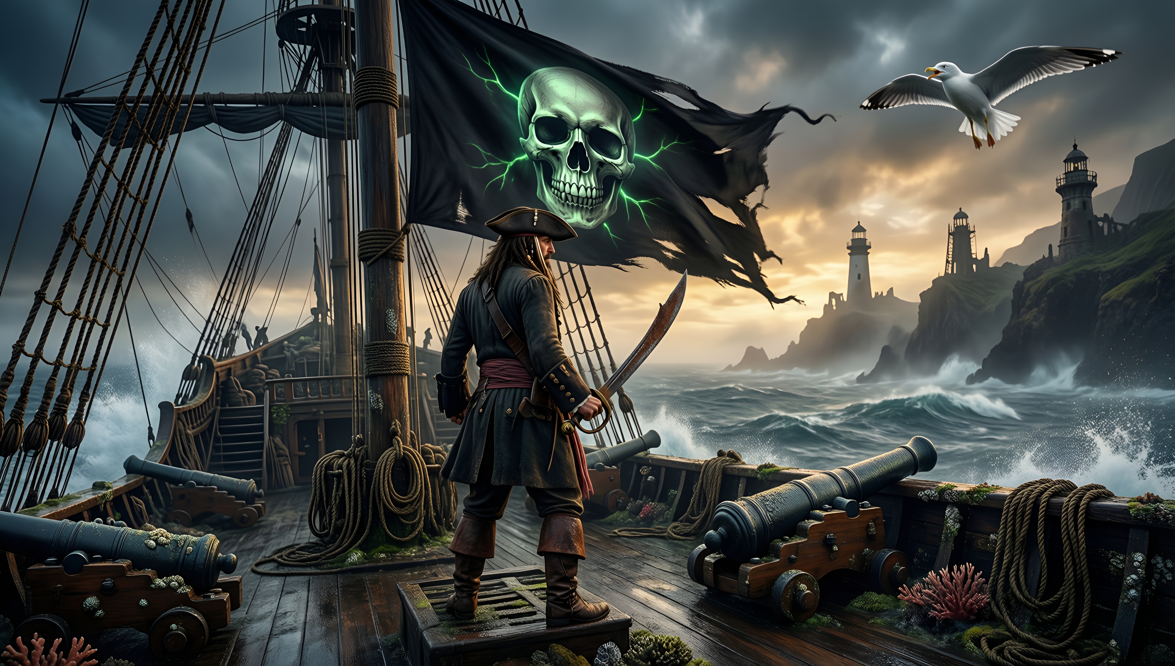 Pirate Ship at Sunset - AI generated wallpaper