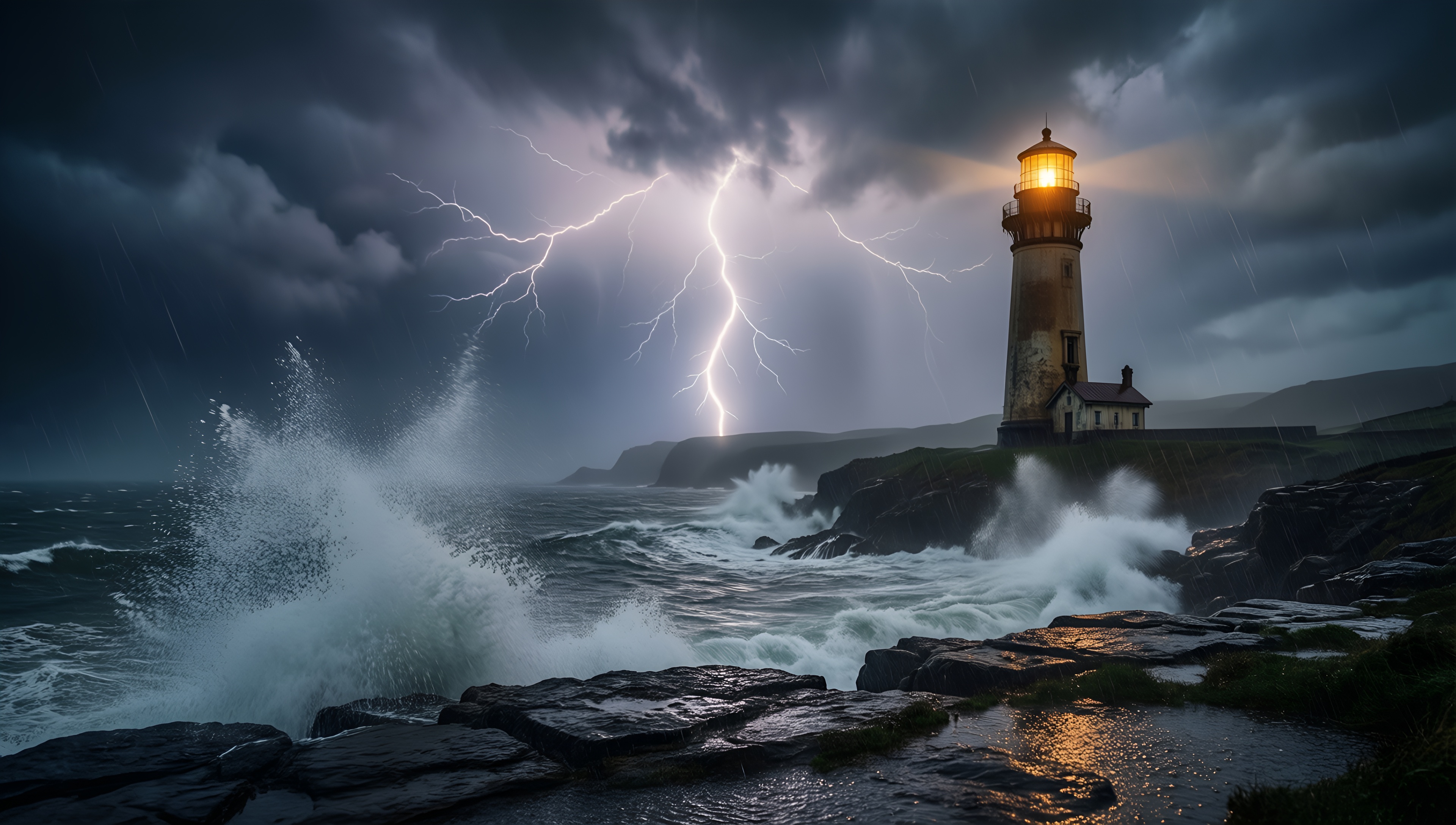 Lighthouse in a Stormy Night - AI generated wallpaper