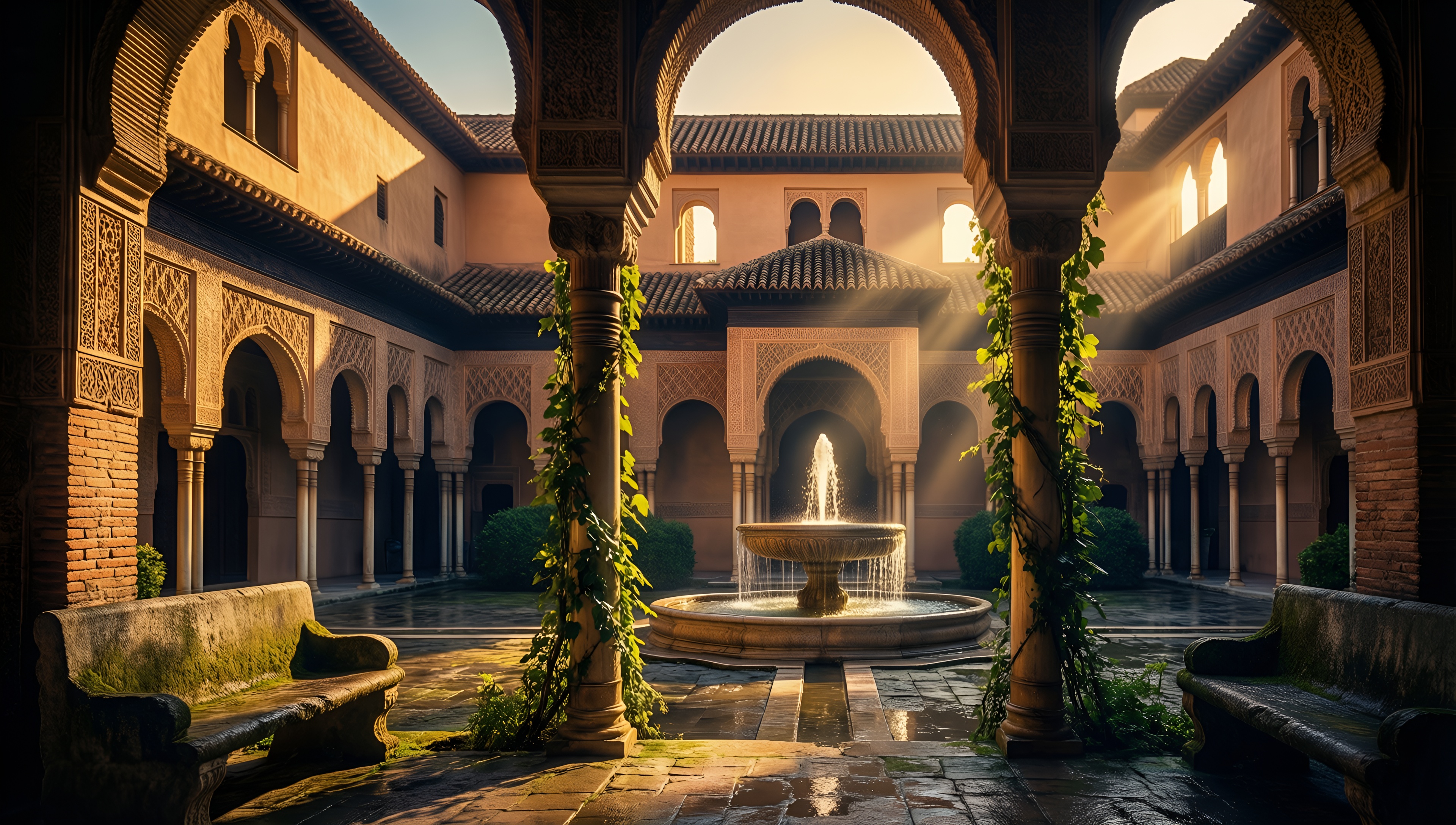 Sunlit Courtyard with Fountain - AI generated wallpaper