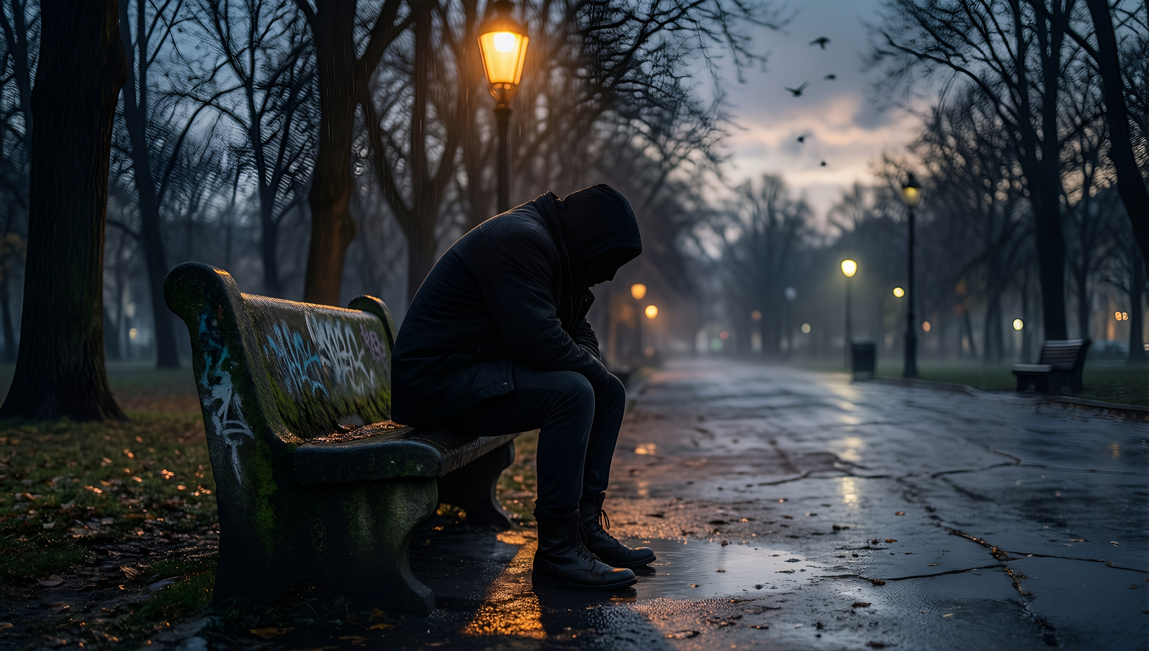 Lonely Man in Foggy Park - AI generated wallpaper
