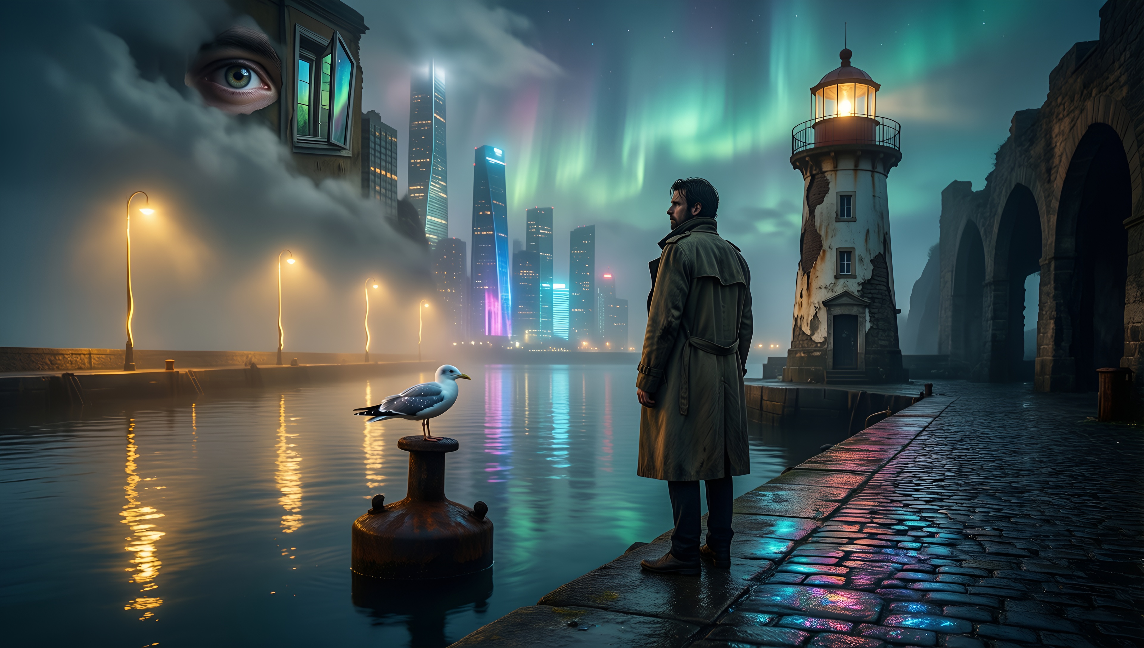 Cyberpunk Harbor Night - AI generated wallpaper