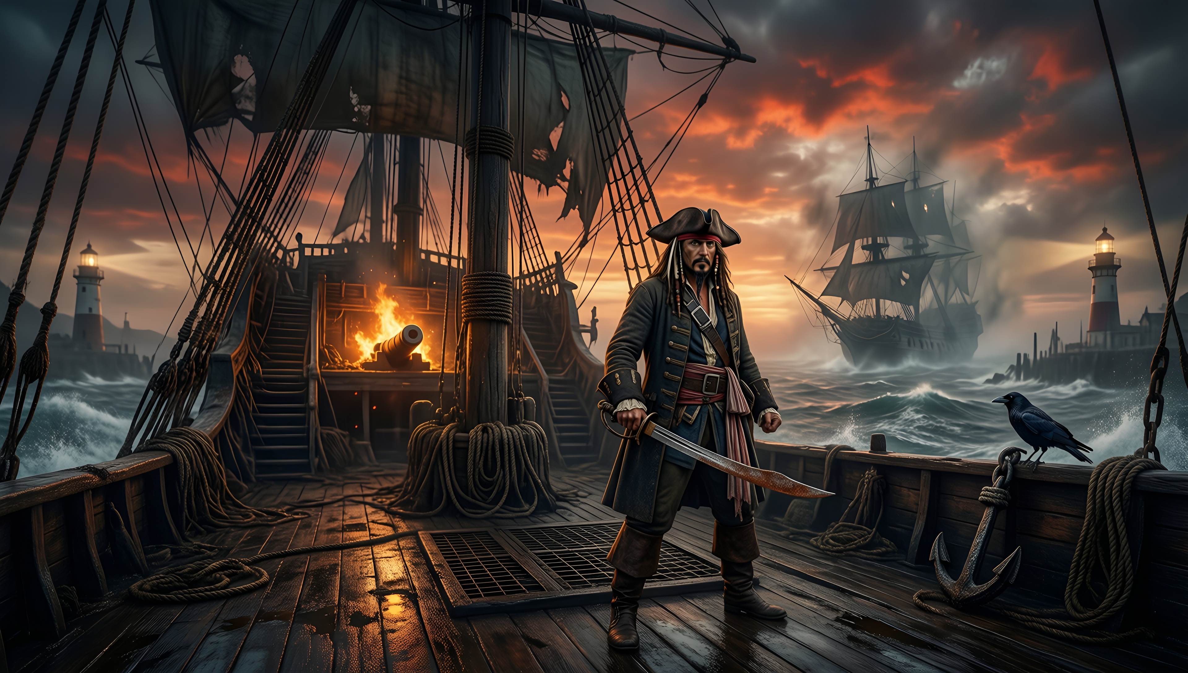Pirate Ship Sunset Adventure - AI generated wallpaper