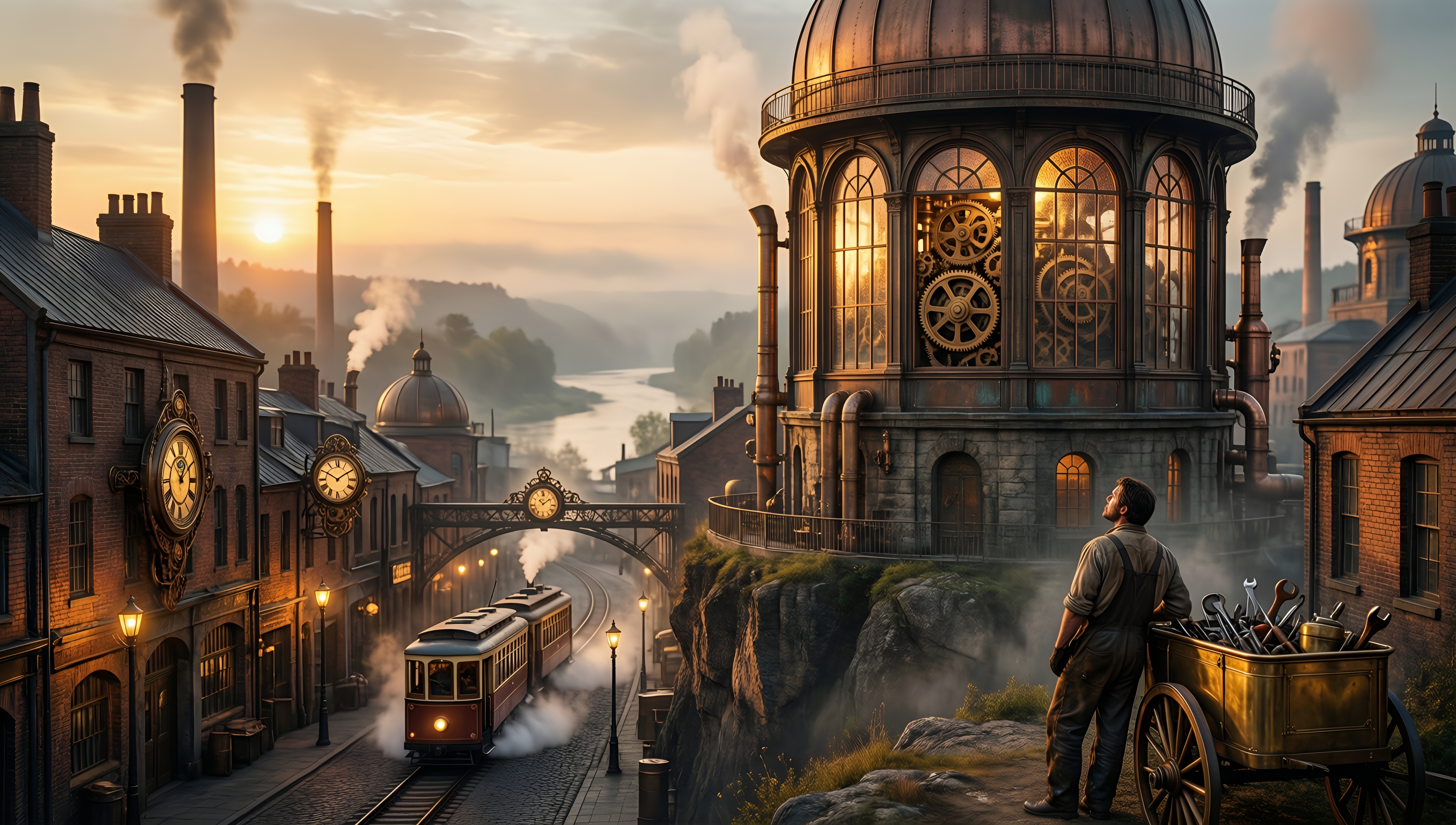 Steampunk Industrial Dawn - AI generated wallpaper