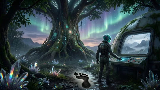 Alien Encounter in a Cyberpunk Forest