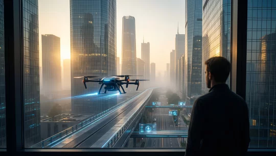 Futuristic Cityscape with Drone