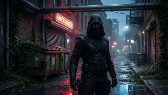 Cyberpunk Hooded Figure in Urban Alley