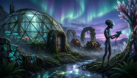 Alien Exploring a Mystical Forest